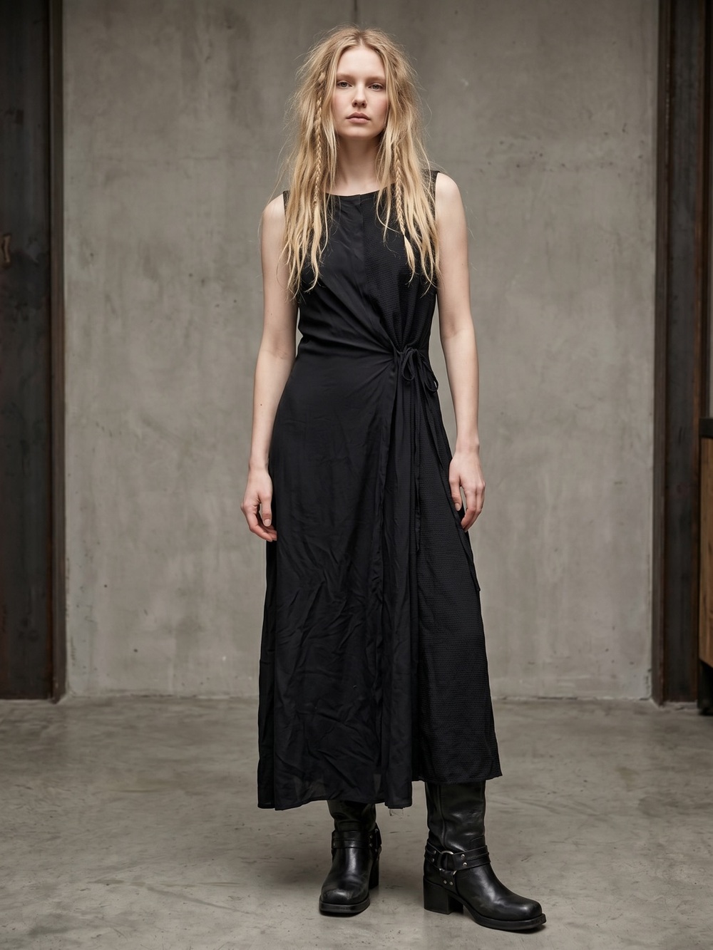 Diesel Subversive Black Maxi Dress Medium Cinch Waist Grunge Goth Mesh Y2K